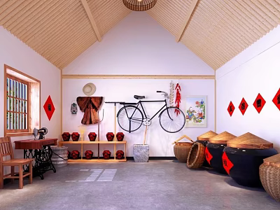 Rustic Wine Cellar Interior With Wooden Roof Bicycle Decor Red Diamond Ornaments And Clay Pots 3d model
