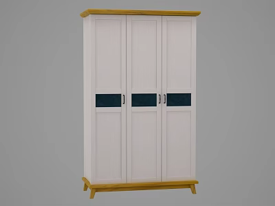 White Wardrobe with Wooden Top Base and Three Doors Featuring Dark Glass Panels 3d model