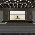 Modern Outdoor Pergola With Lattice Roof Stone Columns Water Feature And Lawn