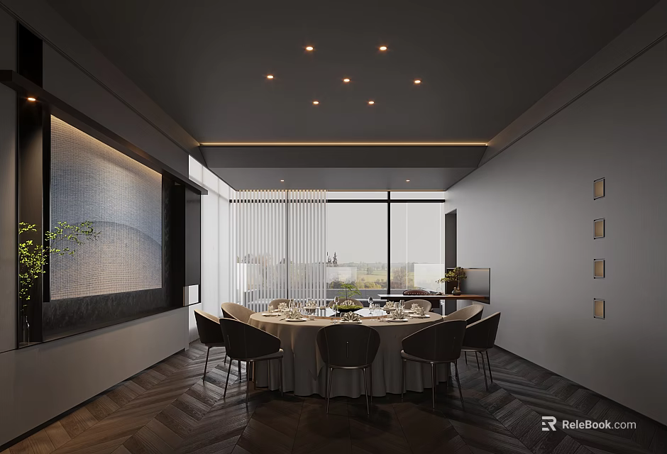 Modern Private Dining Room With Round Table And City View 3d model