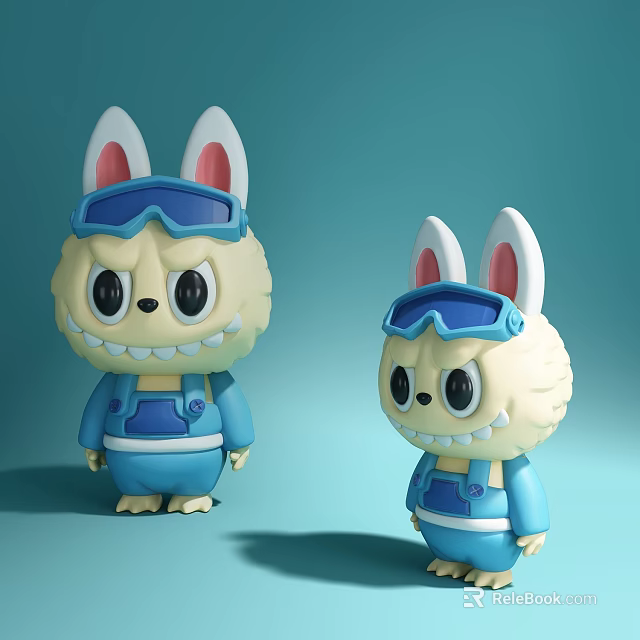 Cute Rabbit Ear Plush Toys With Blue Goggles And Blue Overalls On Light Blue Background 3d model 