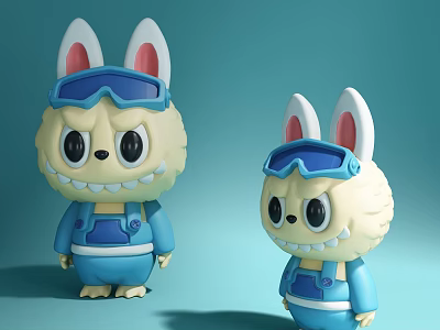 Cute Rabbit Ear Plush Toys With Blue Goggles And Blue Overalls On Light Blue Background 3d model