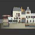 Scenic Miniature Village Model Featuring Yellow Roof House White Buildings River Boats Greenery Street Lamps