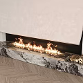 Modern Fireplace With Burning Flames And Marble Mantel On Wooden Floor