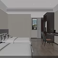 Hotel Guest Room With Two Double Beds White Sheets Desk Chair TV And Window