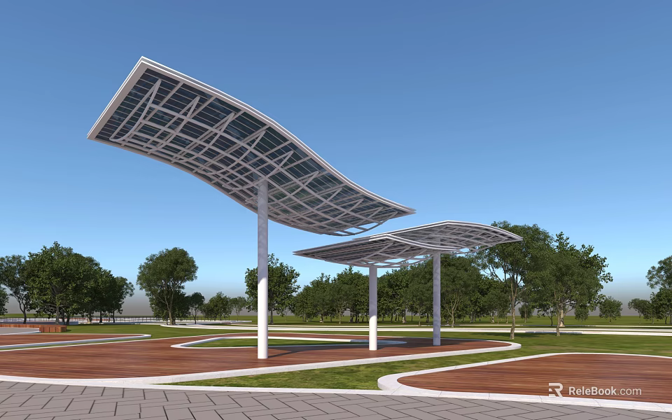 Modern Solar Pergola Structure With White Columns Green Grass And Trees 3d model