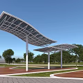 Modern Solar Pergola Structure With White Columns Green Grass And Trees 3d model