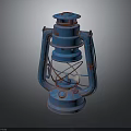 Vintage Blue Kerosene Lamp With Rustic Metal Frame And Glass Shade