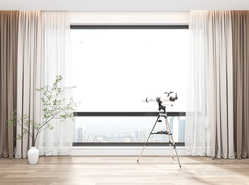 Brown And White Curtains Framing Large Window With City View Greenery Telescope Wooden Floor 3d model 