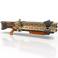 Futuristic Weapon With Gold And Black Color Scheme Orange Accents Modular Design And Hollow Patterns