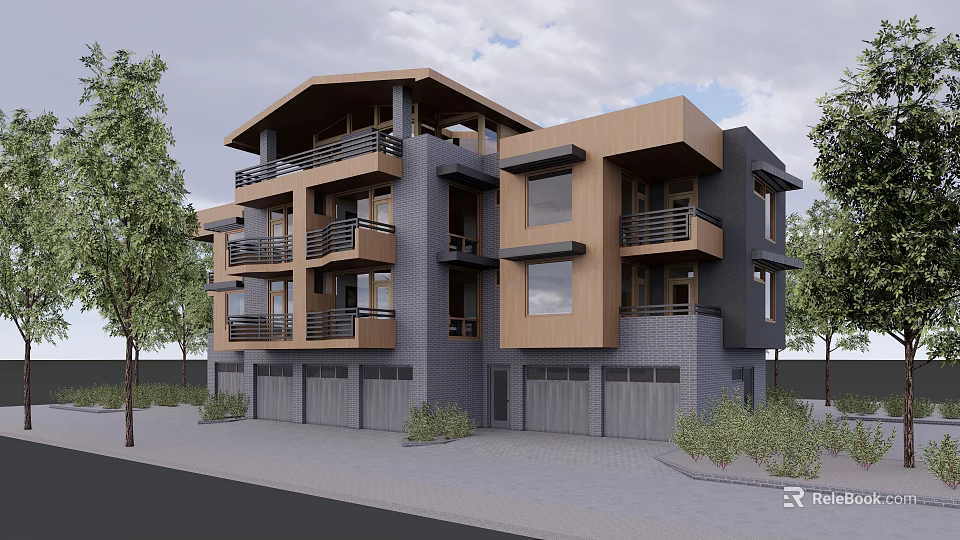 Modern Multi story Residential Building With Brown And Gray Exterior Balconies Garage Doors And Trees 3d model 