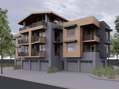 Modern Multi story Residential Building With Brown And Gray Exterior Balconies Garage Doors And Trees 3d model