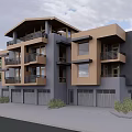 Modern Multi story Residential Building With Brown And Gray Exterior Balconies Garage Doors And Trees