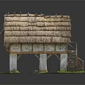 Traditional Thatch Roof House On Stone Pillars With Wooden Staircase And Green Grass