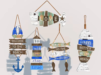 Beach Themed Wooden Decorative Wall Hangings with Fish Shapes Anchor and LOVE Welcome Messages 3d model