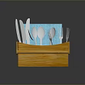 Functional Wooden Utensil Holder With Knives Spoons Forks And Blue Napkin