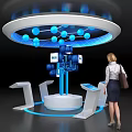 Woman Observing Interactive Tech Display Stand With Blue Spheres Connecting Lines And Digital Screens