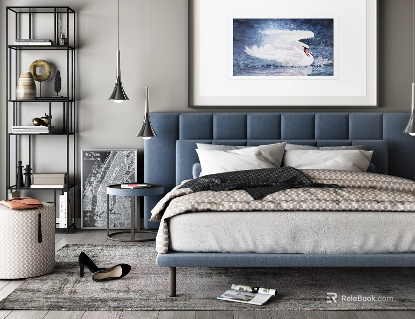 Modern Bedroom With Blue Headboard Bed White Pillows Checkered Blanket Swan Painting Shelf And Rug 3d model 