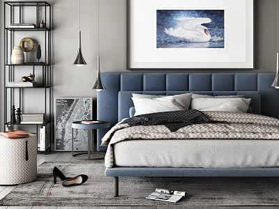 Modern Bedroom With Blue Headboard Bed White Pillows Checkered Blanket Swan Painting Shelf And Rug 3d model