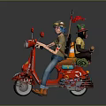 Vibrant Red Motorcycle With Two Riders Colorful Stickers Small Flags And Gray Background