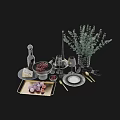 Stylish Black Golden Tableware Set with Wine Glasses Fruit Green Plants Cheese Vase Candle Holder