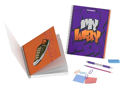 Colorful Notebooks With Orange Cover Sneaker Design And Purple MY WAY Text Plus Stationery Items 3d model
