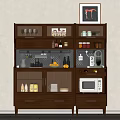 Modern Dark Wooden Sideboard With Glass Door Shelves Glasses Jars Fruits Bottles Drawers And Microwave