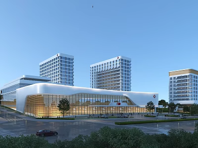 Modern Hospital Building Architectural Design With Glass Curtain Walls And High Rise Structures 3d model
