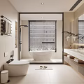 Modern Bathroom Interior Design With Bathtub Double Vanity Blinds And Mirror Plants