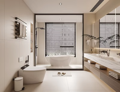 Modern Bathroom Interior Design With Bathtub Double Vanity Blinds And Mirror Plants 3d model