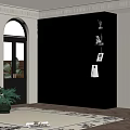 Modern Room Interior With Black Wardrobe Open Shelves Arched Windows Rug And Plant