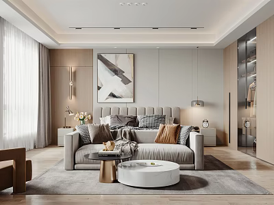 Modern Bedroom Interior With Upholstered Bed Accent Pillows Wall Art And Area Rug 3d model