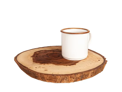 White Ceramic Mug With Brown Rim On Natural Wooden Tray 3d model
