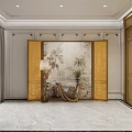 Luxurious Elevator Hallway Interior Design With Marble Flooring And Decorative Wall Art 3d model