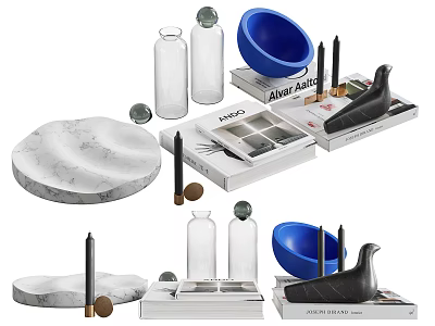 Decorative Ornament Set With Marble Tray Glass Vases Blue Bowl Candles And Books 3d model