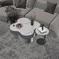 Modern Coffee Table With White Marble Top Unique Shape And Side Table Near Gray Sofa 3d model