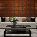 Hotel Public Lounge Area With Wooden Walls Red Lattice Screen Bookshelves Sofa And Green Plant