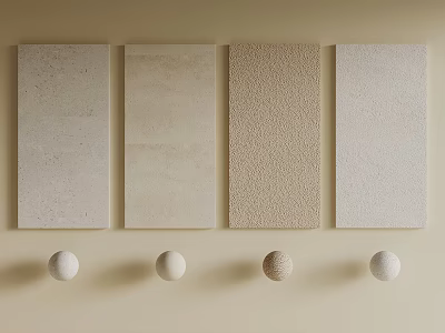 Beige Wall With Four Rectangular Textured Panels And Four Round Spheres Below 3d model
