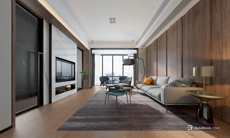 Modern Living Room Interior With Marble TV Wall Wooden Walls Gray Sofa And Floor Lamp 3d model 
