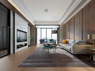 Modern Living Room Interior With Marble TV Wall Wooden Walls Gray Sofa And Floor Lamp 3d model