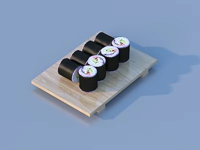 Fresh Sushi Rolls on Wooden Plate with Rice and Vegetable Filling 3d model