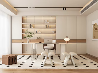 Modern Cream Style Study Desk Bookcase Ornaments Vase Book Single Chair Decorative Cabinet Computer Stool 3d model