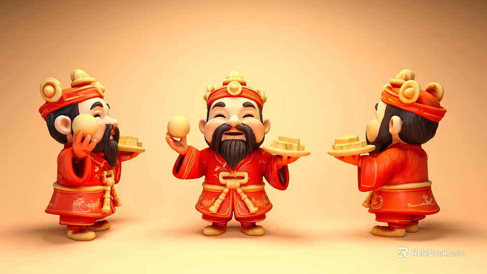 Three Smiling Cartoon Style Game Anime Characters In Red Traditional Costumes Holding Gold Ingots And Peach 3d model 