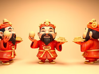 Three Smiling Cartoon Style Game Anime Characters In Red Traditional Costumes Holding Gold Ingots And Peach 3d model