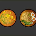 Two Bowls of Delicious Soup with Noodles Fried Eggs Leafy Greens Potato Chunks and Cilantro