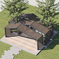 Modern Outdoor Pergola With Glass Panels Wooden Structure Stone Path And Green Lawn