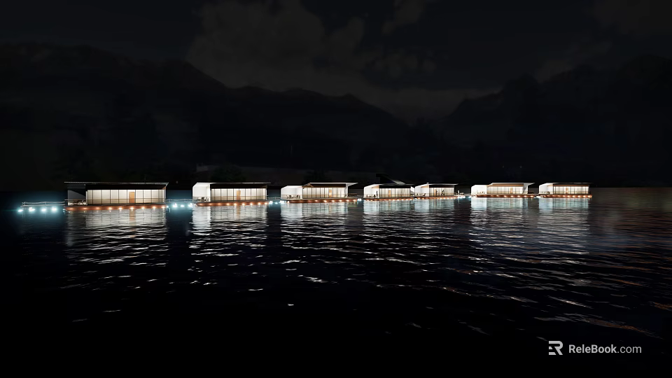 Row Of Lit Water Buildings At Night With Mountain Backdrop And Reflections 3d model 