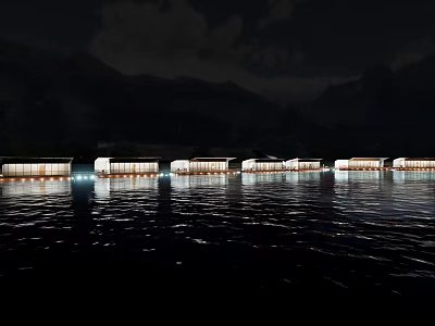 Row Of Lit Water Buildings At Night With Mountain Backdrop And Reflections 3d model