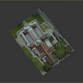 Whimsical Cartoon Scene of Historic Building with Red Roofs Green Dome Lush Lawn and Trees