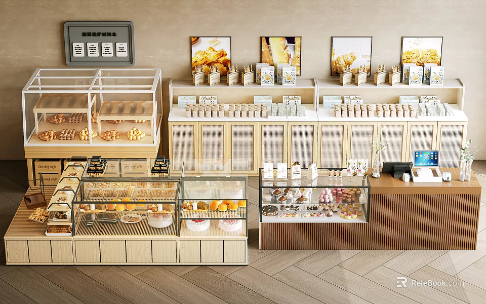 Bakery Storage Shelves with Glass Display Cases Pastry Goods and Decorative Paintings 3d model 
